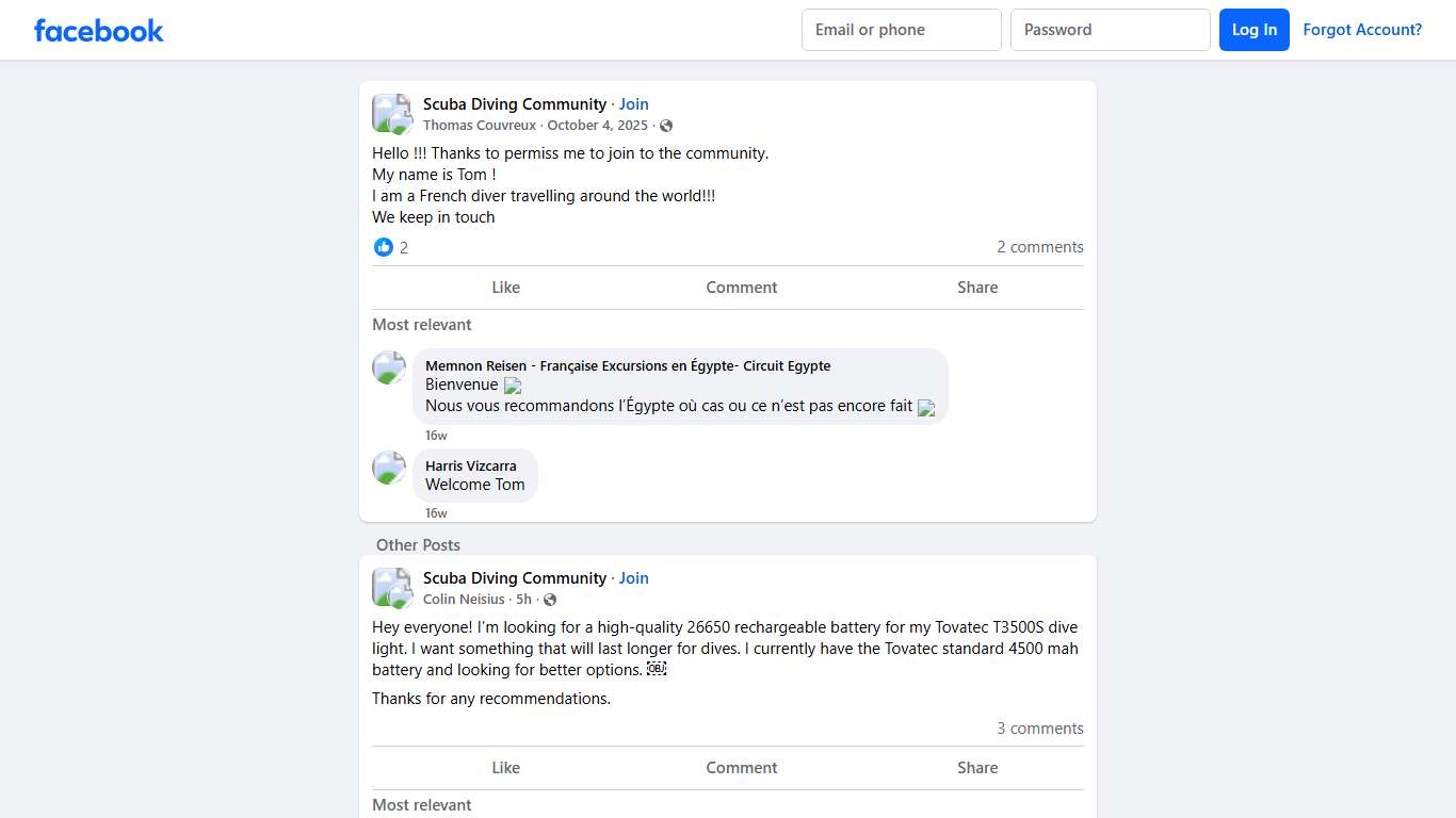 Scuba Diving Community Hello !!! Thanks to permiss me to join to the community Facebook